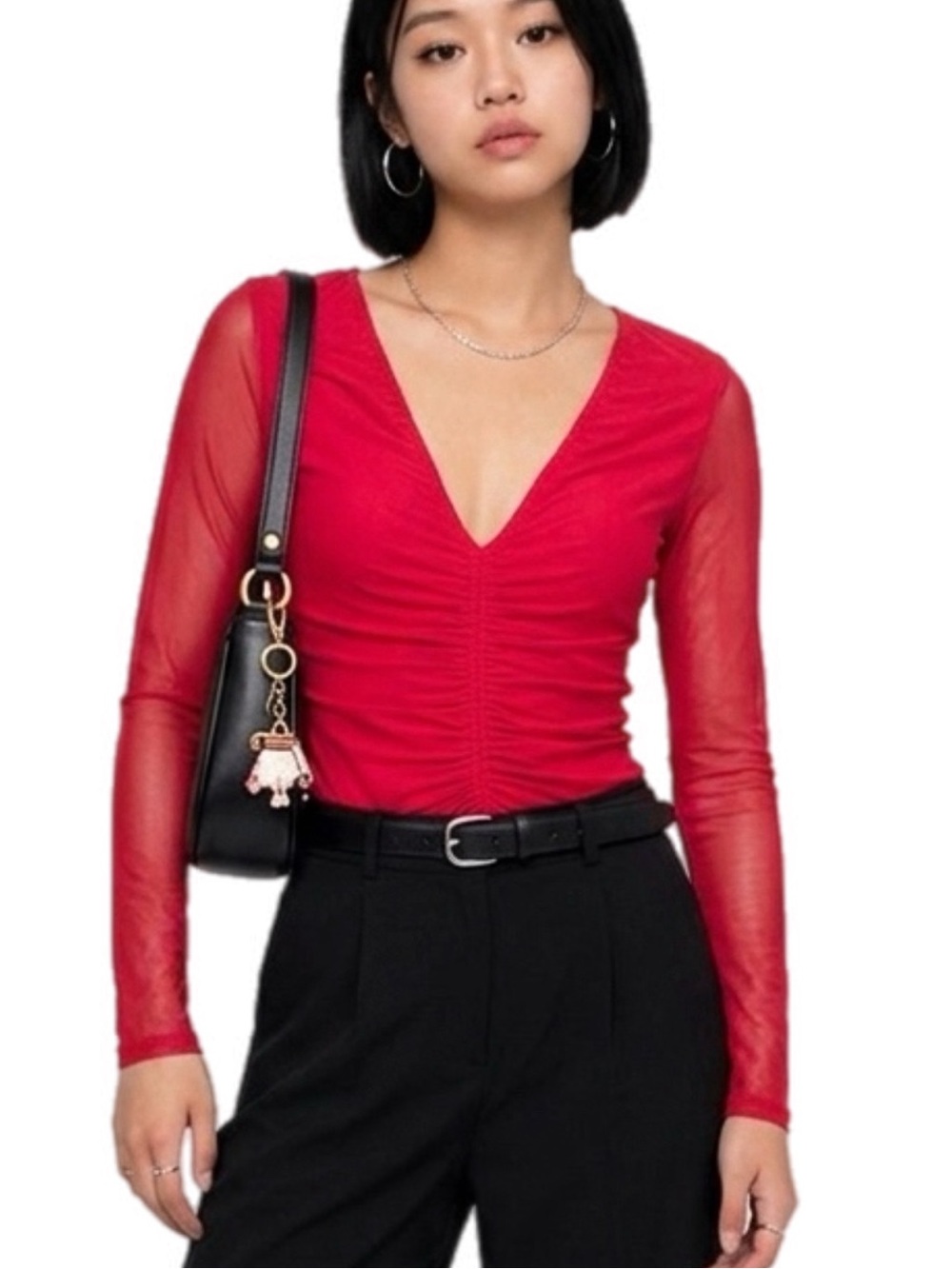 Lulu's | Winning Vibes Hot Pink Ruched V-Neck Long Sleeve Bodysuit